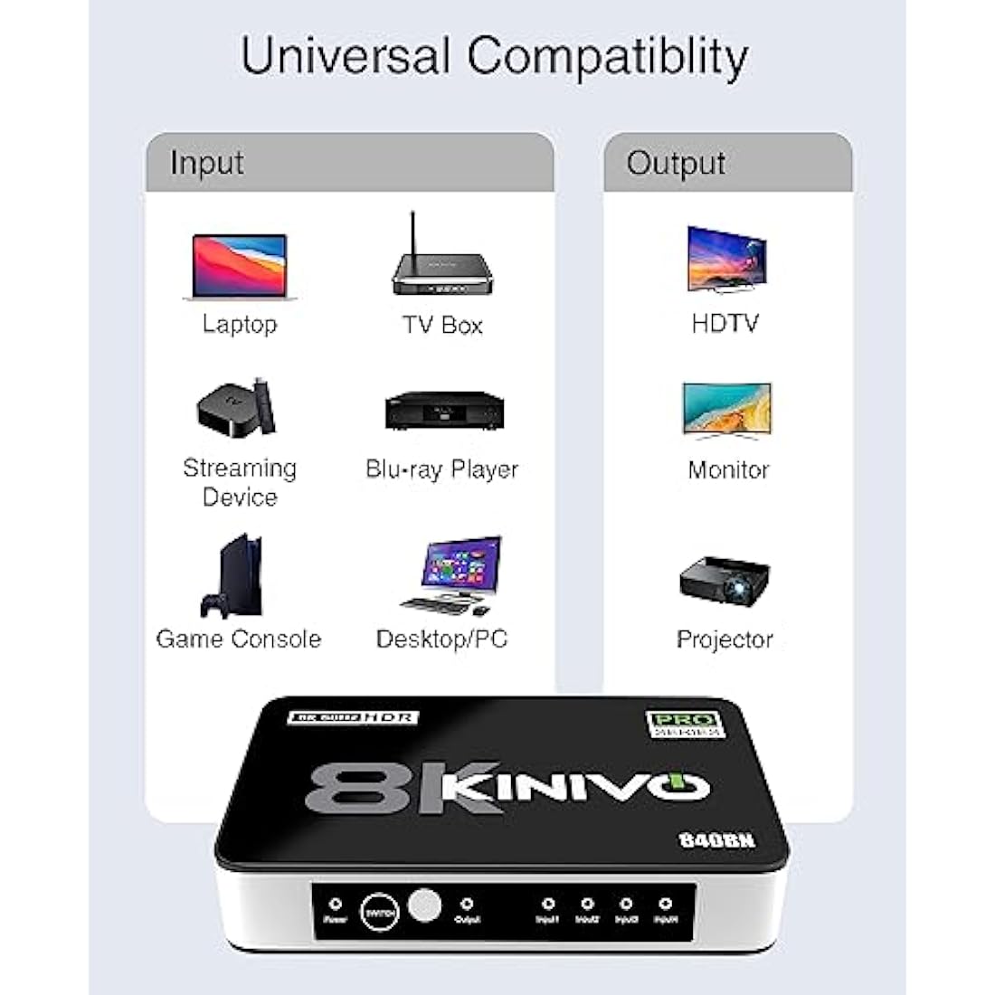 Kinivo 8K HDMI Switch with Remote 4 in 1 Out (4 Port, 8K 60Hz, 4K 120Hz, 48Gbps, HDR 10+, Dolby Atmos, HDCP 2.3) - HDMI 2.1 Switch Box Compatible with HDTV, PS5, PS4, Xbox