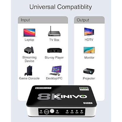 Kinivo 8K HDMI Switch with Remote 4 in 1 Out (4 Port, 8K 60Hz, 4K 120Hz, 48Gbps, HDR 10+, Dolby Atmos, HDCP 2.3) - HDMI 2.1 Switch Box Compatible with HDTV, PS5, PS4, Xbox