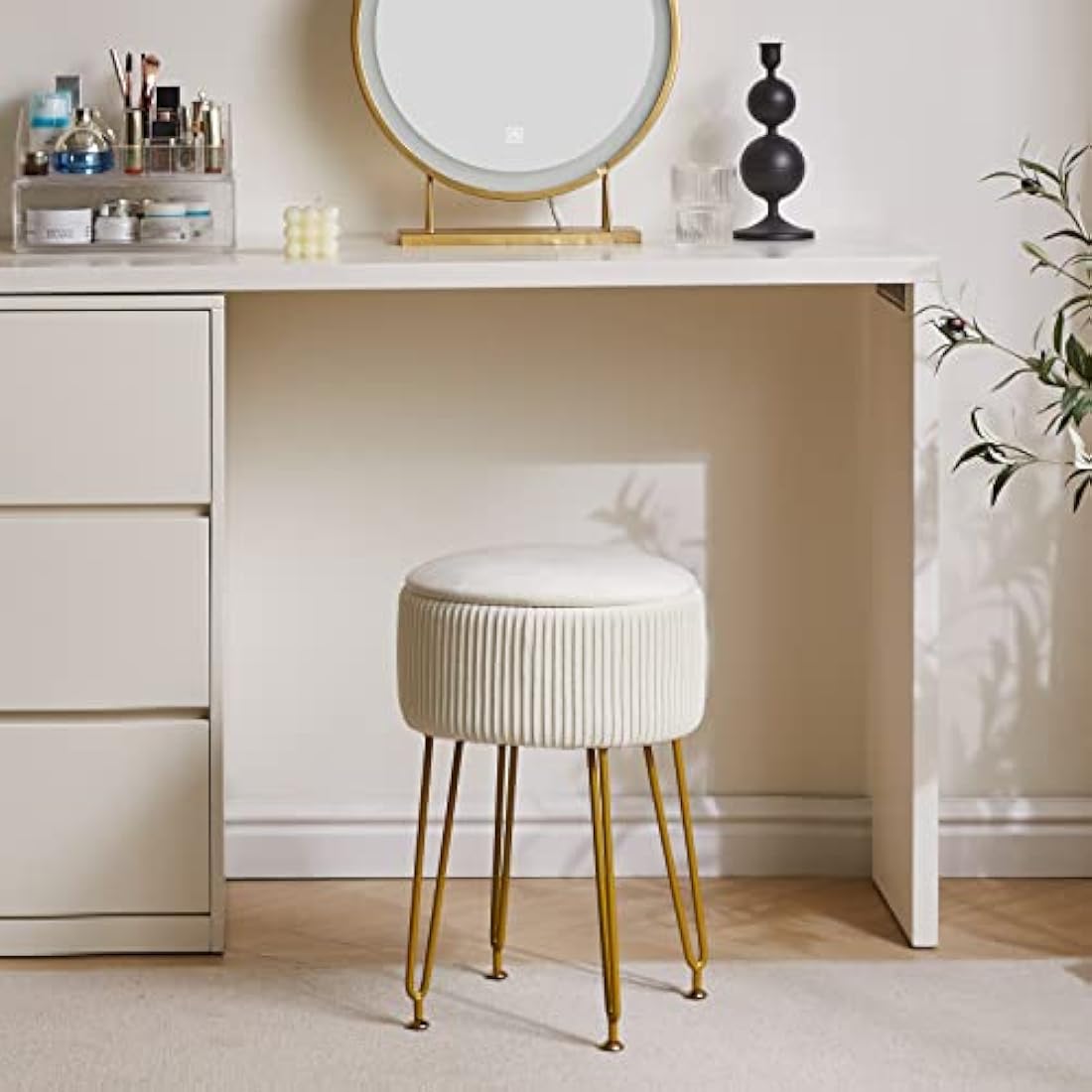 IBUYKE Velvet Storage Footrest Stool Ottoman, Makeup Vanity Stool Side Table with Golden Steel Legs Removable Cover, Coffee Table Top Cover, Creamy-White L/G-20M