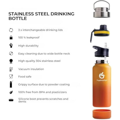 hydro2go Stainless Steel Water Bottle – BPA-Free Bottle for Kids, School, Sports & Outdoor – Keeps Drinks Hot for up to 12H and Cold for up to 24H – Includes 3 Drinking Caps – 950 ml (Sun)