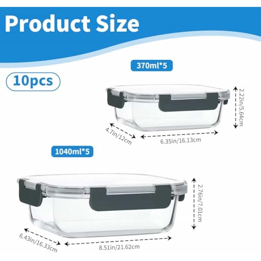 Glass Containers with Lids, 10 Pack Airtight Glass Meal Prep Containers, Glass Food Storage Containers, Reusable, Stackable, Microwave, Oven, Freezer and Dishwasher, 1050ml & 370ml (Gray)