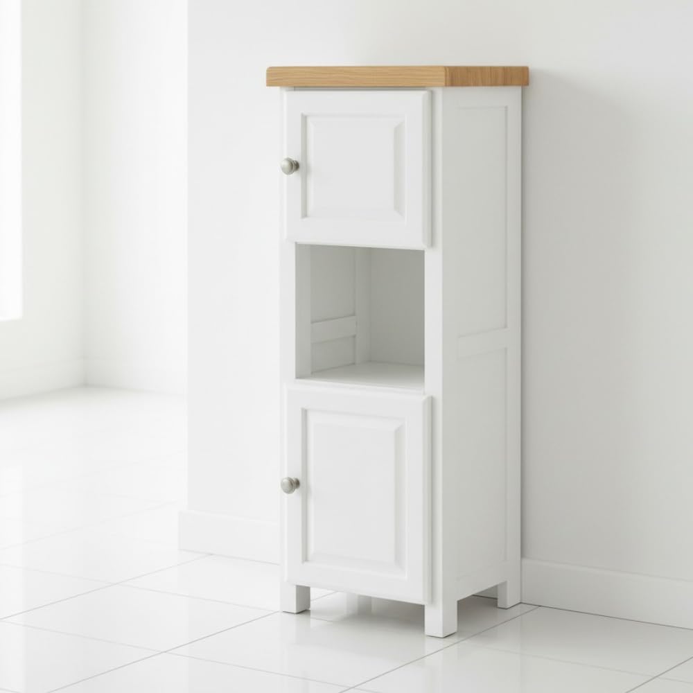 ALL WHITE Slim Cabinet Bathroom Storage, Painted White Cabinet with Natural Wood Top, Double Door, Ready Assembled (White 2)