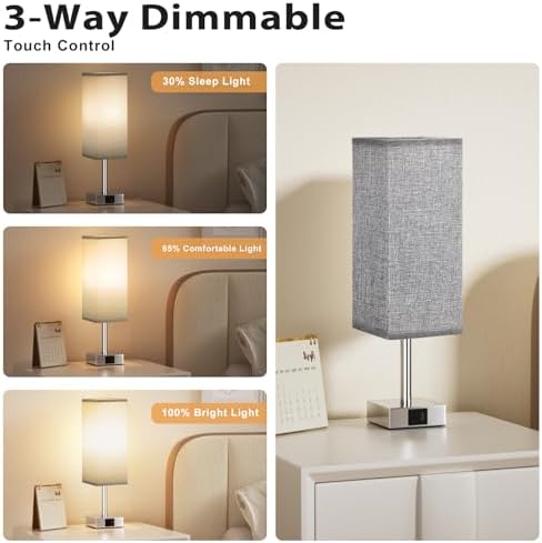 Aooshine Touch Bedside Lamps Set of 2, Touch Bed Lamp with USB-C+A Charging Ports, 3-Way Dimmable Table Lamps for Bedroom with Grey Fabric Shade(Bulbs Included)