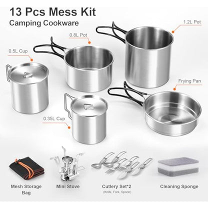 Odoland Camping Cookware Kit, Ceramic Non-Stick Cooking Set with Plates, Bowls, Forks, Knives, Spoons for Camping, Backpacking, Hiking, Picnics