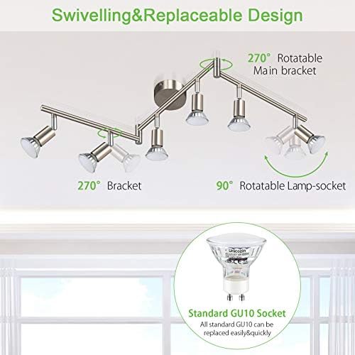 Unicozin LED Ceiling Light Rotatable, 6 Way LED Ceiling Spotlight, Matt Nickel & Swivelling Design, Including 6 X 4W GU10 LED Bulbs (450LM, Cool White 6000K),for Kitchen, Living Room, Bedroom