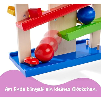 Wooden Marble Run Game for Kids | Fun Coloured Wooden Toys with 3 Marbles & Fun Bell | for Ages 1+