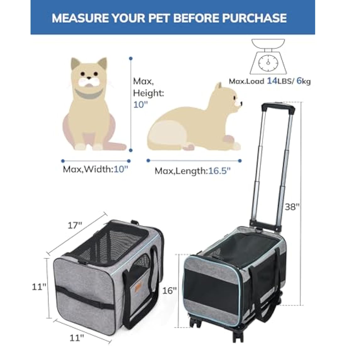 Morpilot Cat Carrier with Wheels Airline Approved, Pet Dog Carrier with Wheels for Small Dogs, Rolling Cat Carrier for Large Cats Puppy Stroller Detachable and Foldable Pet Travel Bag Dark Gray