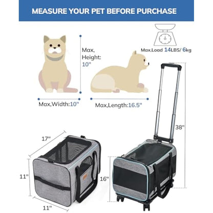 Morpilot Cat Carrier with Wheels Airline Approved, Pet Dog Carrier with Wheels for Small Dogs, Rolling Cat Carrier for Large Cats Puppy Stroller Detachable and Foldable Pet Travel Bag Dark Gray