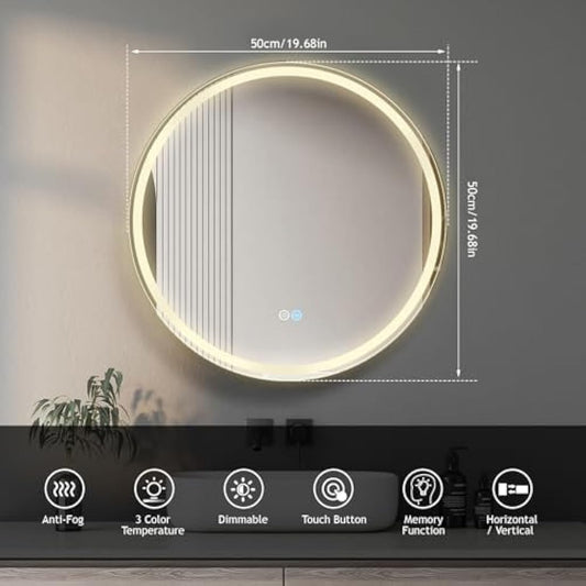 Sunowl Bathroom Mirror with LED Lights, 500x500mm Illuminated Bathroom Mirror, Wall-Mounted Vanity Mirrors 3 Colors Dimmable/Demister Pad, Horizontal/Vertical