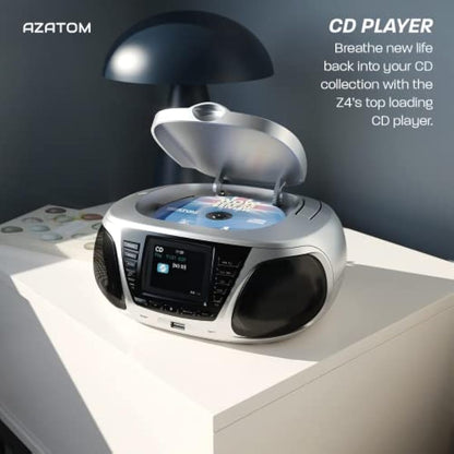 Portable CD Player with DAB/DAB+/FM Digital Radio | Bluetooth & USB MP3 Player | Large Display | Battery & Mains Powered (6x”C”) | Perfect for Home, Office or Outdoors | AZATOM Zenith Z4 (Silver)