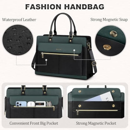 RAINSMORE Laptop Bags Handbags for Women 15.6 Inch PU Leather Large Tote Bag Work Bag with Clutch Bag Designer Women's Bags Ladies Laptop Handbag for School Green