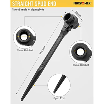 MAXPOWER Spud Ratchet Set 2PCs, Straight Spud Scaffold Spanner Wrench 19mm x 21mm & Offset Spud Ratchet Podger Spanner 17mm x 19mm
