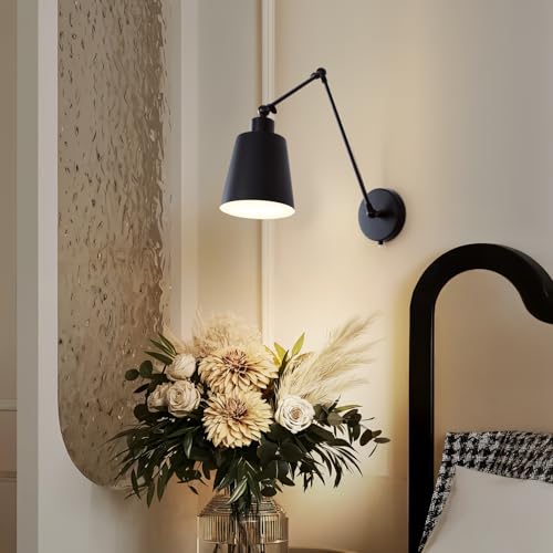 TYhogar Wall Lights Fixtures Vintage Industrial Black Bedside Lamp Night Light E27 Edison Bulbs Wall Sconce Swing Arm Adjustable Wall Lamp for Bedroom