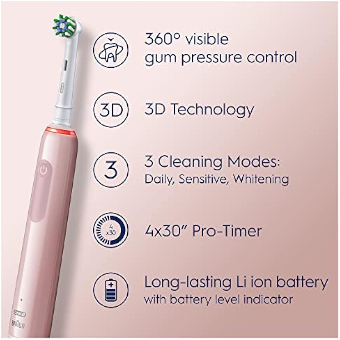 Oral-B Pro 3 Electric Toothbrushes Adults, 1 Toothbrush Head & Travel Case, 3 Modes with Teeth Whitening, 2 Pin UK Plug, Pink