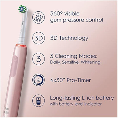Oral-B Pro 3 Electric Toothbrushes Adults, 1 Toothbrush Head & Travel Case, 3 Modes with Teeth Whitening, 2 Pin UK Plug, Pink