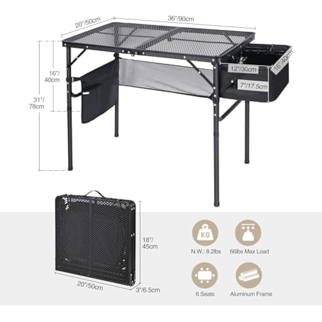 REDCAMP Folding Portable Grill Table with Sink for Outside, Lightweight Aluminum Metal Grill Stand Picnic Table for Camping Cooking BBQ RV Picnic, 2 Heights Adjustable,Black 36"x20"