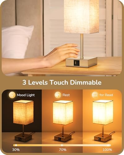 EDISHINE Bedside Lamps Set of 2, 3 Way Dimmable Table Lamps with USB A+C Charging Ports, LED Bulb Included, Touch Lamps for Bedroom, Living Room, Beige Linen Lampshade, 2700K