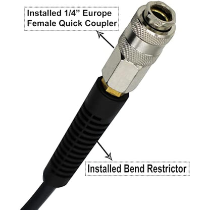 YOTOO Air Compressor Hose Polyurethane Recoil 15m Long 6mm ID x 9.5mm OD with Bend Restrictor, 1/4" Europe Quick Coupler and Plug, Gray