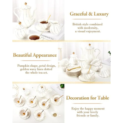 DUJUST 22 pcs White Porcelain Tea Set for 6, Luxury British Style Tea/Coffee Cup Set with Golden Trim, Beautiful Tea Set for Women, Tea Party Set, Gift Package (Including a Stand) - White