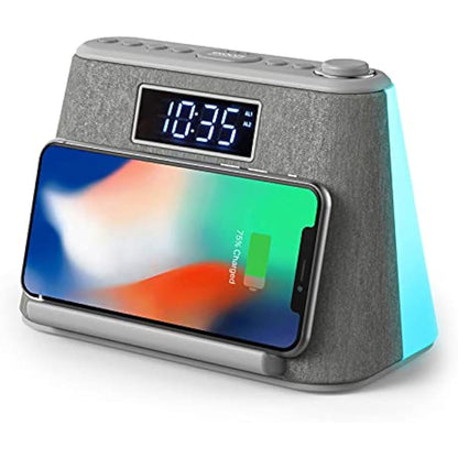 i-box Alarm Clocks Bedside, Alarm Clock with Wireless Charging, Bluetooth Speaker, FM Radio, Qi Wireless Charger, White Noise Machine, Night Light/Mood Light, USB Port, Dimmable, Non Ticking