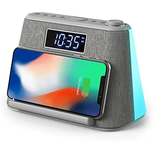 i-box Alarm Clocks Bedside, Alarm Clock with Wireless Charging, Bluetooth Speaker, FM Radio, Qi Wireless Charger, White Noise Machine, Night Light/Mood Light, USB Port, Dimmable, Non Ticking