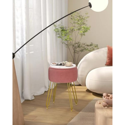 IBUYKE Velvet Storage Footrest Stool Ottoman, Makeup Vanity Stool Side Table with Golden Steel Legs Removable Cover, Coffee Table Top Cover, Pink L/G-20P