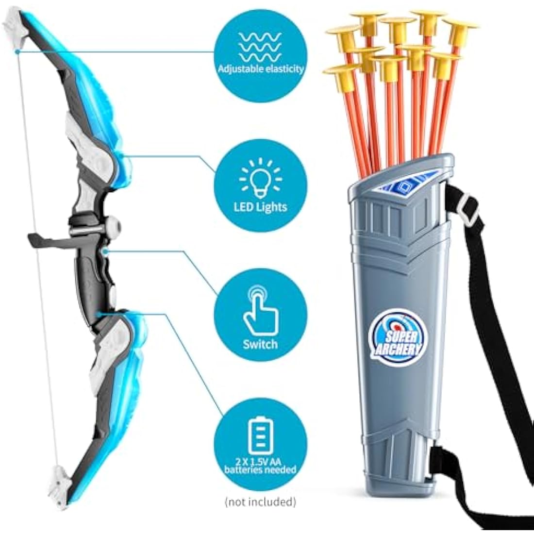 TEMI Bow and Arrow Set for Kids with LED Lights-Archery Set with Suction Cup Arrows, Quivers & Standing Target, Outdoor Toys for Children Boys & Girls Ages 3-12 Years Old