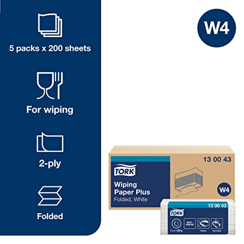 Tork 130043 Wiping Paper Plus / 2 Ply Absorbent Multipurpose Paper Sheets Suitable for Tork W4 Top Pak System / White / 38.5cm x 10.8cm / 200 Sheets