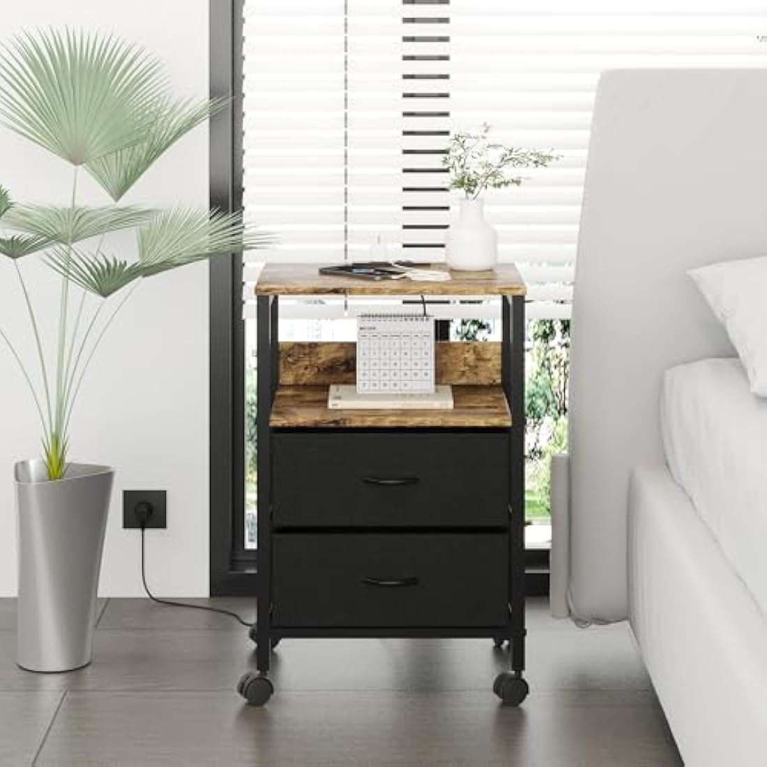 Lutown-Teen Bedside Table with Charging Station, Night Stand Small Bedside Cabinet with Open Storage Shelf and 2 Fabric Drawers, Side Table with 4 Castors for Bedroom, Living Room, Rustic Brown