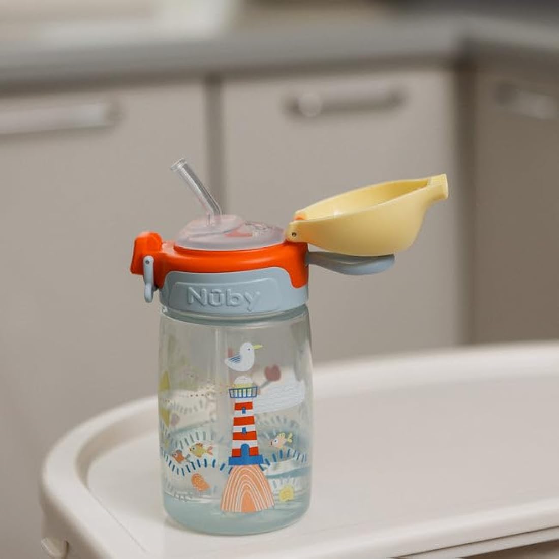 Nuby Super Straw Water Bottle - No Spill Active Toddler Sippy Cup | 360ml / 12oz | Carry Handle | Dishwasher Safe | Suitable Beaker for 12 Months Plus (Sunshine)