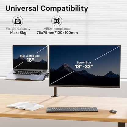 Redbat Adjustable Monitor Stand for 13-32 inch LCD LED Screens, Mount with Laptop Tray Up to 16 inch, VESA 75/100mm, 2 Mounting Options