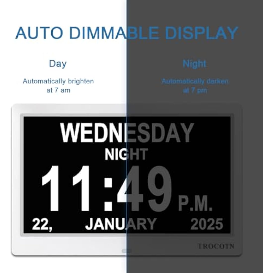 TROCOTN dementia clock, digital clock with date and day for elderly, day date large display calendar (10 Inches White)