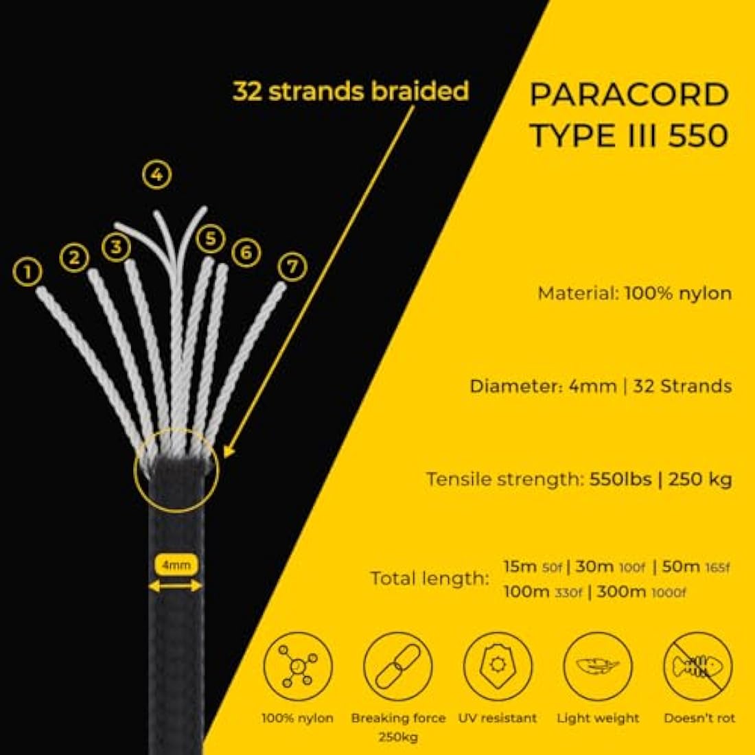 EdcX 4mm Rope 550 - Type III, 100% Rope, 7 Strand Rope, 4mm Rope in Solid Colors
