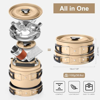 Odoland Camping Cookware Set Non-Stick Pot and Pan Set with Kettle, Stainless Steel Utensils Mess Kit, Cups Plates Knives Spoons Forks for Outdoor Cooking