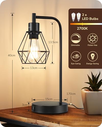 EDISHINE Bedside Lamps Set of 2, Dimmable LED Table Lamp, Diamond Cage Lampshade, USB Charging Ports, Touch Lamps for Living Room, Bedroom, E27 Socket, Bulb Included, Black