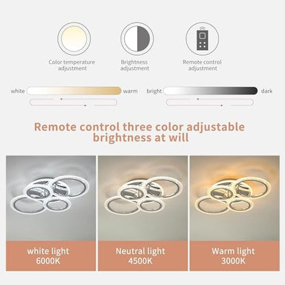 Qcyuui 58W Dimmable LED Ceiling Light, Modern 4-Ring Acrylic Flush Mount Chandelier for Living Room, Bedroom, Dining Room, Chrome Finish