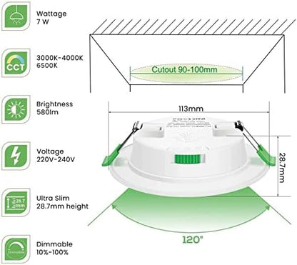 7W LED Recessed Ceiling Light, Dimmable 230V Downlights Ultra Slim 90-100mm Cutout, CCT Selectable Warm White 3000K Neutral White 4000K Cool White 6500K, LED Spotlights for Bathroom Kitchen, 12 Pack