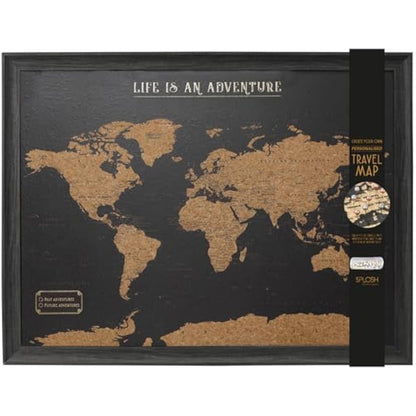Splosh Large Maps. World Map Pin Board in Black, Wooden Frame. World Map Cork Board with 100 Pins in 2 Colours to Mark Your Past and Future Adventures. Framed World Maps for Wall. (Black)