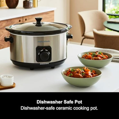 Morphy Richards 6.5L Slow Cooker, Ceramic Pot, 3 Cooking Settings, Easy Clean, Silver, 461013, Brushed Steel
