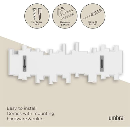Umbra Sticks Multi Hook Coat Rack - Modern, Unique, Space-Saving Wall Mounted Coat Hanger with 5 Flip-Down Hooks for Hanging Coats, Scarves, Purses and More, White,19-1/8" x 7-1/8" x 1-1/8" h