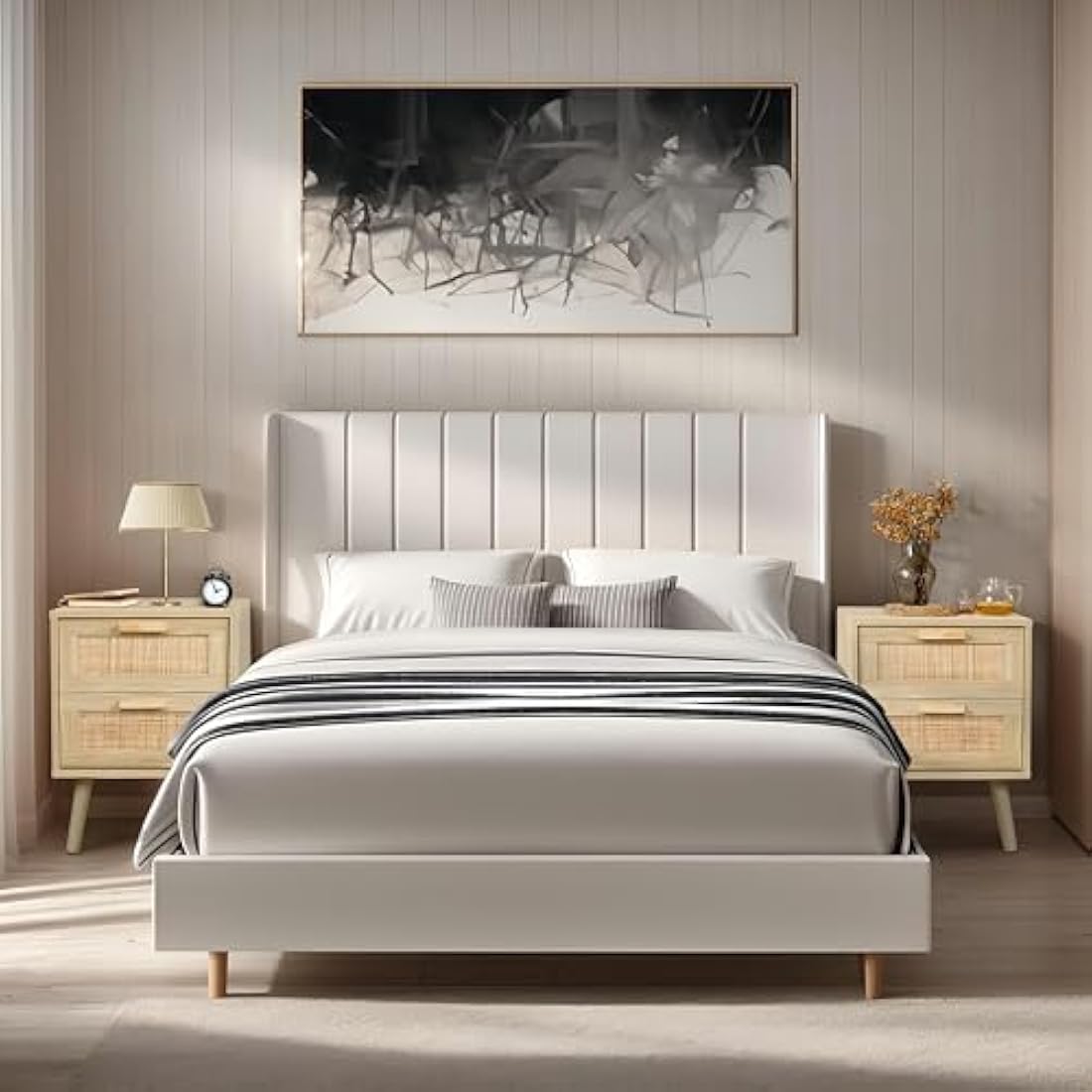 Finnhomy Bedside Tables Set of 2, Side Table with 2 Hand Made Rattan Decorated Drawers, Night Stand Set 2, Wood Nigntstand, End Table with Storage for Bedroom, Natural, 2 Pack