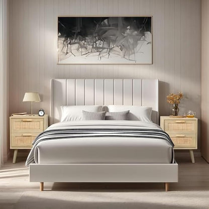 Finnhomy Bedside Tables Set of 2, Side Table with 2 Hand Made Rattan Decorated Drawers, Night Stand Set 2, Wood Nigntstand, End Table with Storage for Bedroom, Natural, 2 Pack