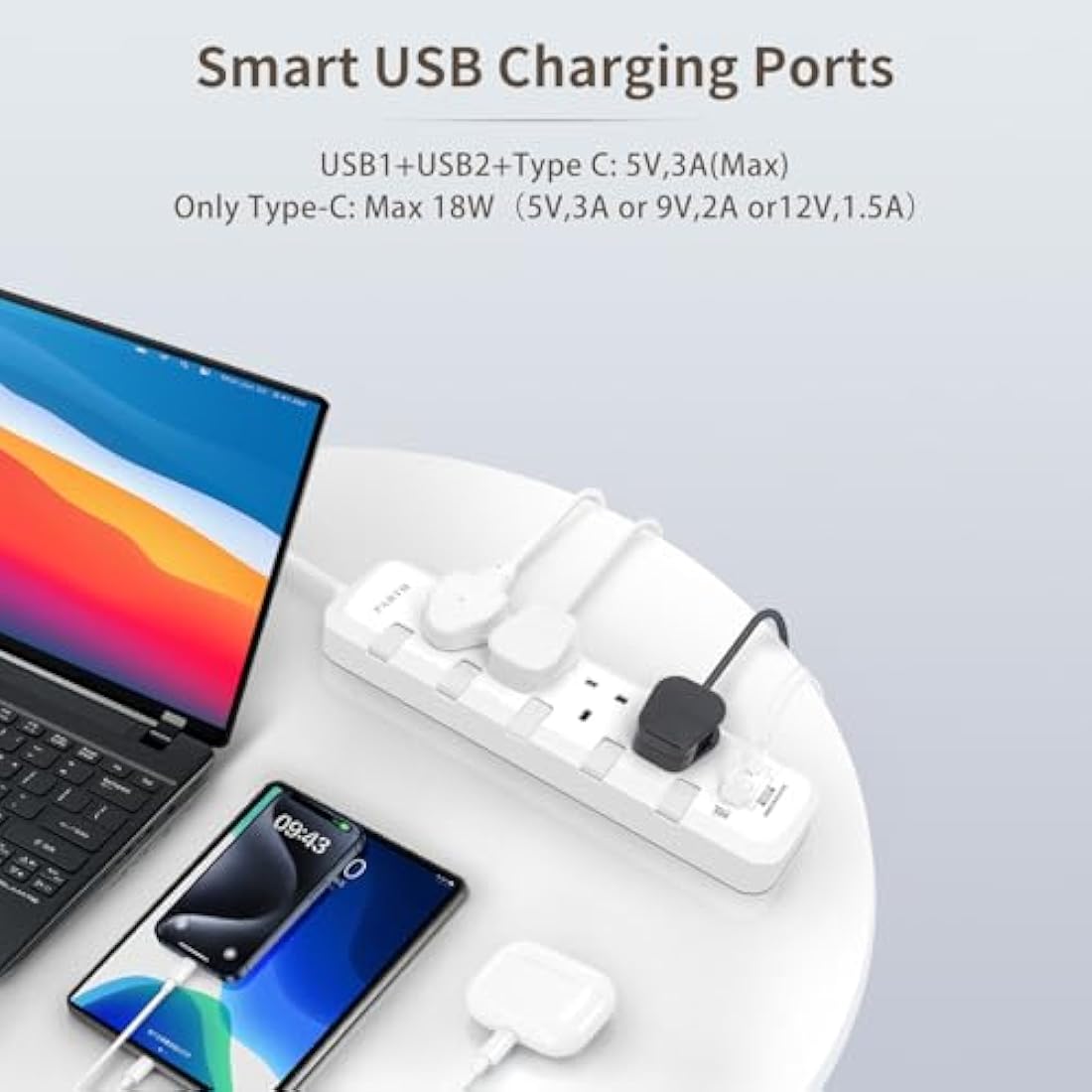 PARTH Extension Lead 5M Surge Protected Extension Cord with USB Slots,5 metre Extension Cable,4 Way UK Switched Plug Extension Socket,Heavy Duty Surge Protector Wall Mounted Extra Long Power Strip