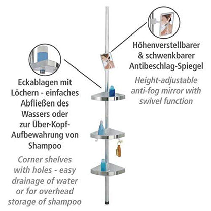 Wenko 20349100 Telescopic Shower Corner Element Premium 3 Shelves, 2 Hooks and Mirror, Metal Aluminium, 27.5 x 70260 x 20 cm, Satinised