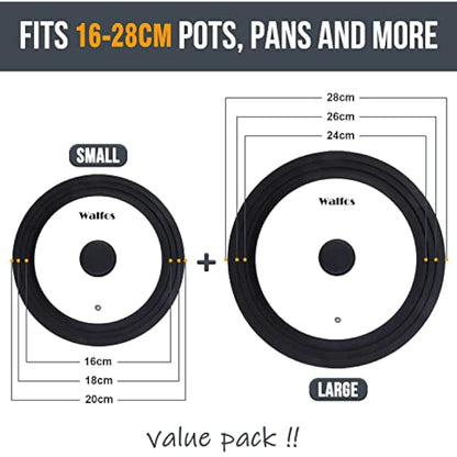 Universal Lid for Pots, Pans and Skillets - Tempered Glass with Heat Resistant Silicone Rim and Fits 16/18/20cm and 24/26/28cm Diameter Cookware（2Pcs）