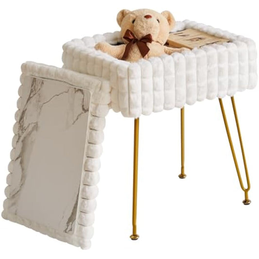 IBUYKE Rectangle Vanity Chair with Storage Space, Footrest Footstool Ottoman, Vanity Stool, Dressing Table Chair, with Anti-Slip Feet, for Makeup Room, Bedroom, Square grid pattern, White WBD004W