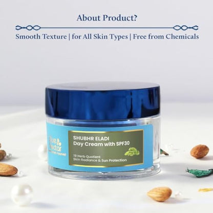 Blue Nectar Natural Face Moisturizer With SPF 30, Ayurvedic Brightening Day Face Cream for Skin Glow with Eladi Kumkumadi,Turmeric and Almond (Women, 19 Herbs, 50g)