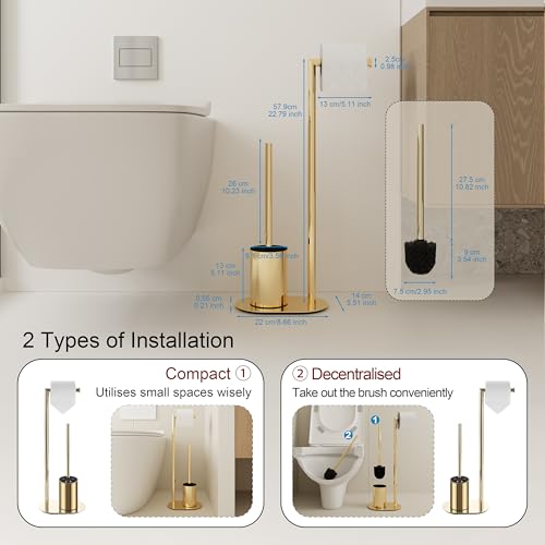 BVL Gold Toilet Roll Holder with Stainless Steel Free Standing Brush and Paper Holder