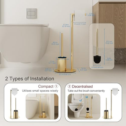 BVL Gold Toilet Roll Holder with Stainless Steel Free Standing Brush and Paper Holder
