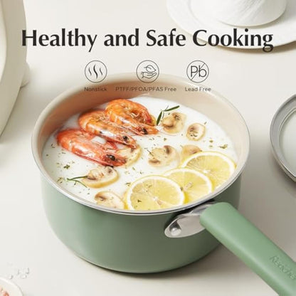 Redchef Ceramic Nonstick Saucepan with Lid,20cm Small Cooking Pot,Non Toxic Sauce Pans for Kitchen, Cool Handle PFAS Free Compatible with All Cooktops, Green